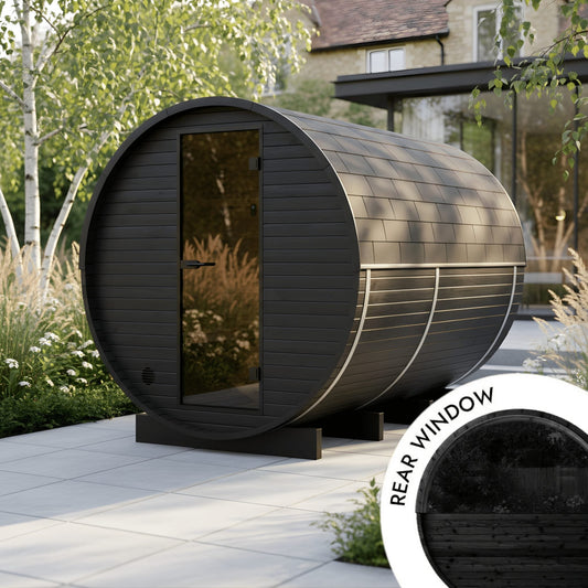 Wood Barrel Sauna with Window & Changing Room (2-4 Person) in Black