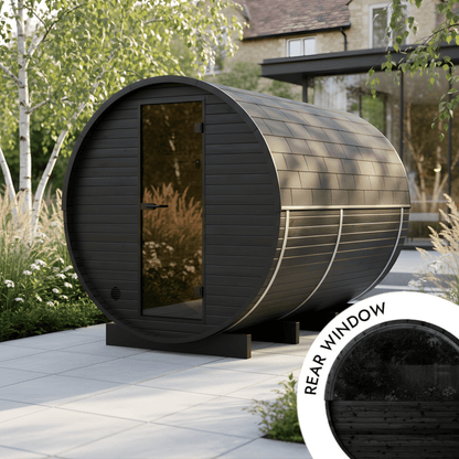 Thermo Wood Barrel Sauna with Window - Regular with Changing Room Black (2 - 4 Person) Barrel Sauna | Finnmark Sauna