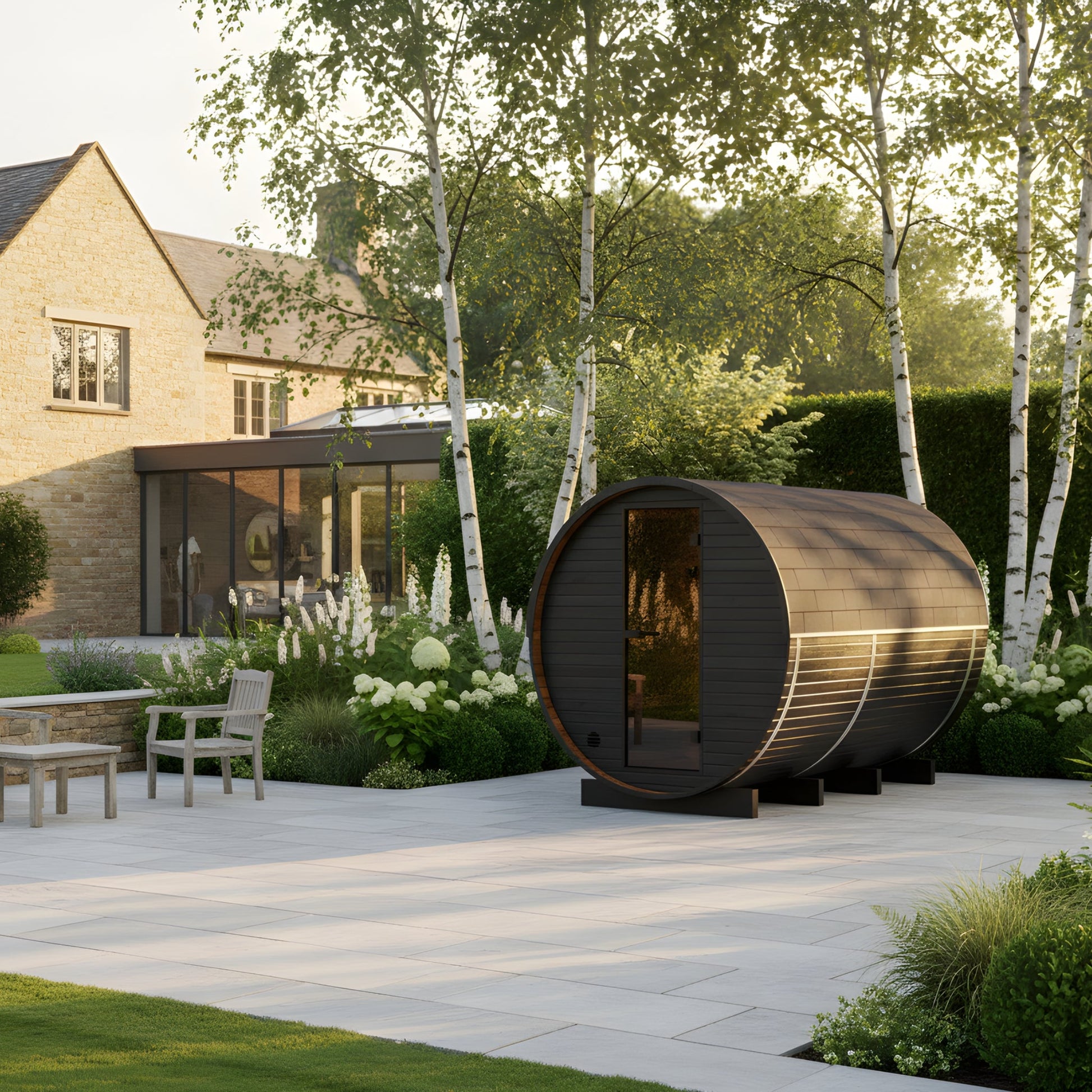 Thermo Wood Barrel Sauna with Window - Regular with Changing Room Black (2 - 4 Person) Barrel Sauna | Finnmark Sauna