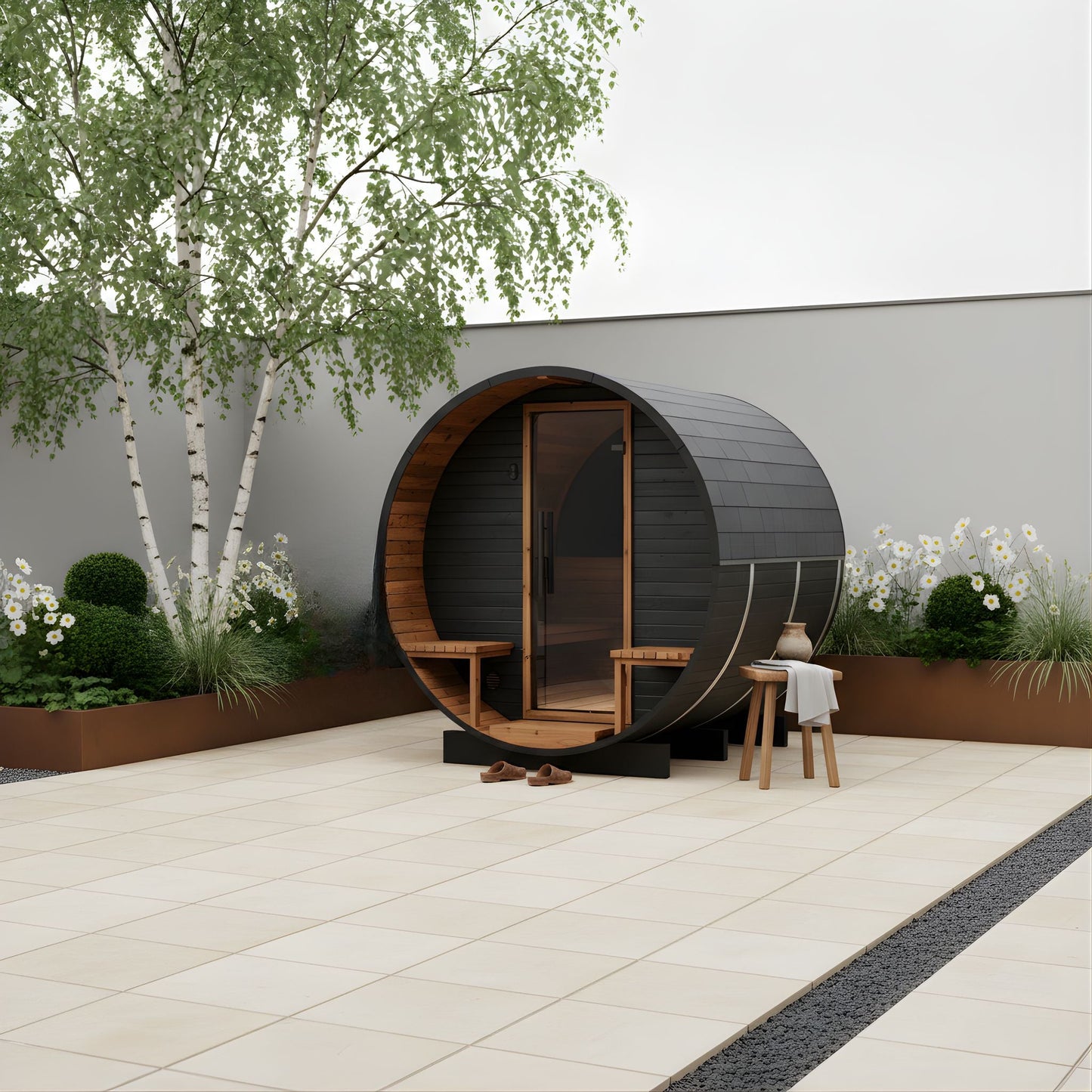 Thermo Wood Barrel Sauna with Window - Regular with Relaxation Terrace Black (2 - 4 Person) Barrel Sauna | Finnmark Sauna