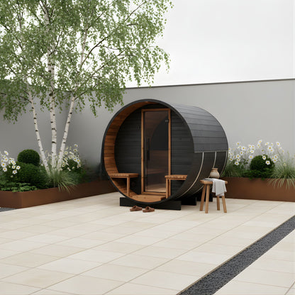 Thermo Wood Barrel Sauna with Window - Regular with Relaxation Terrace Black (2 - 4 Person) Barrel Sauna | Finnmark Sauna
