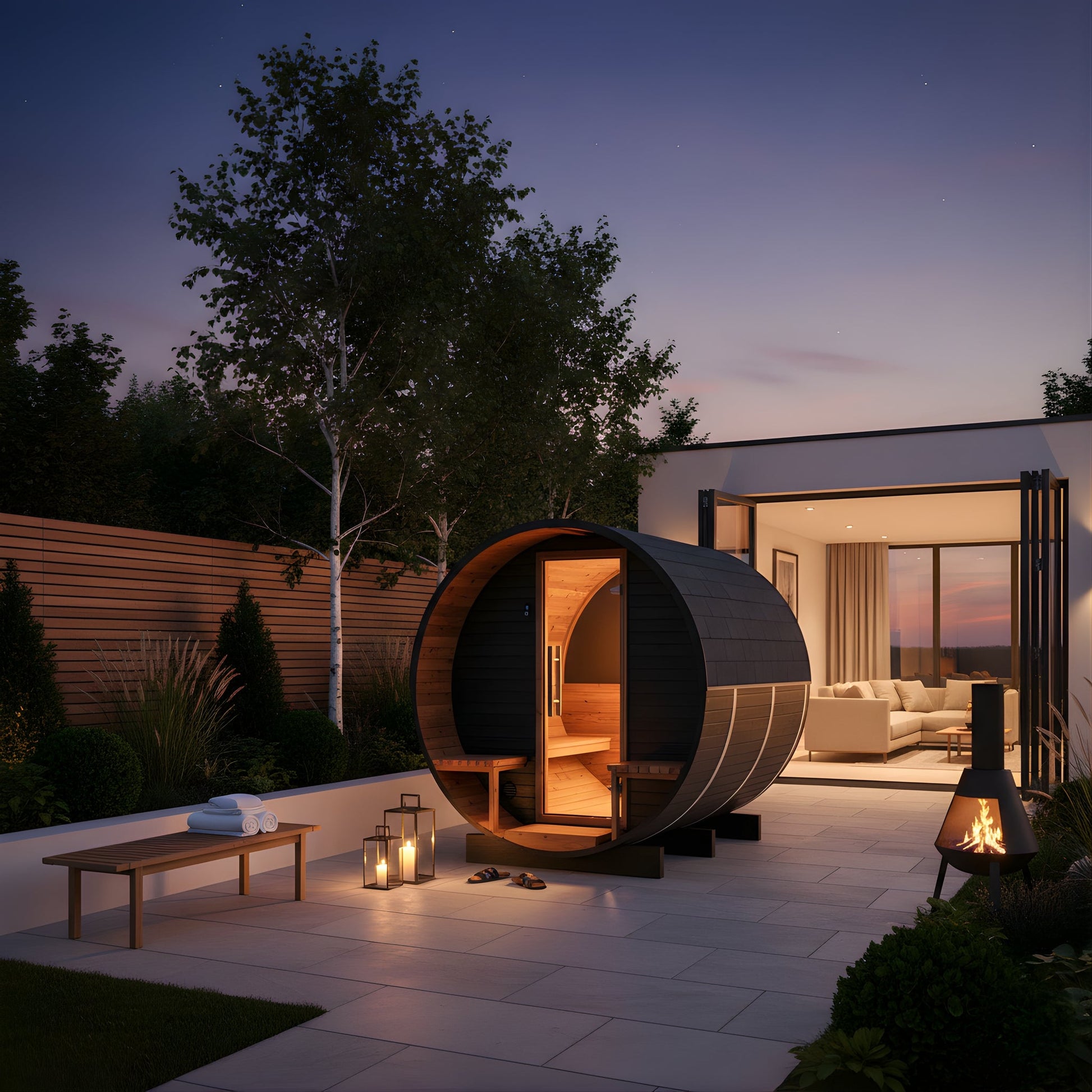 Thermo Wood Barrel Sauna with Window - Regular with Relaxation Terrace Black (2 - 4 Person) Barrel Sauna | Finnmark Sauna