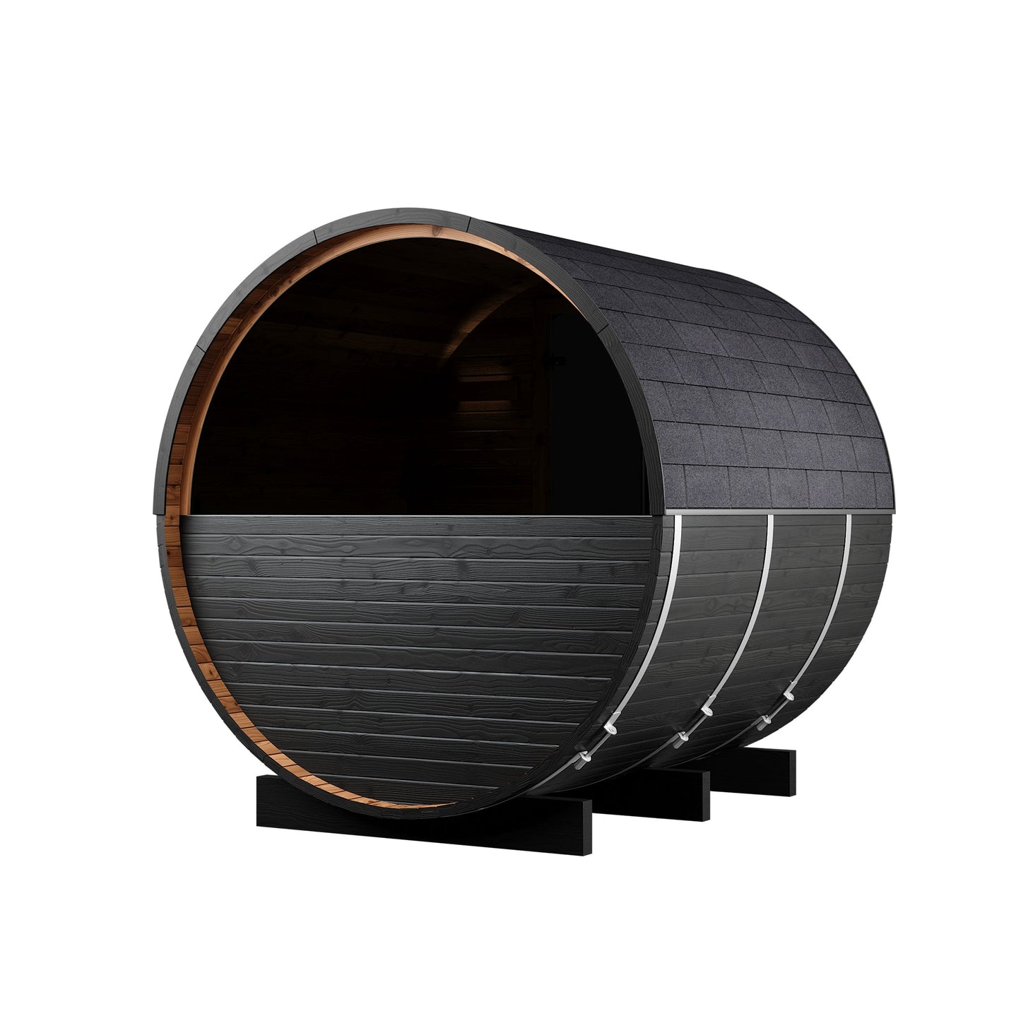 Thermo Wood Barrel Sauna with Window - Regular with Relaxation Terrace Black (2 - 4 Person) Barrel Sauna | Finnmark Sauna