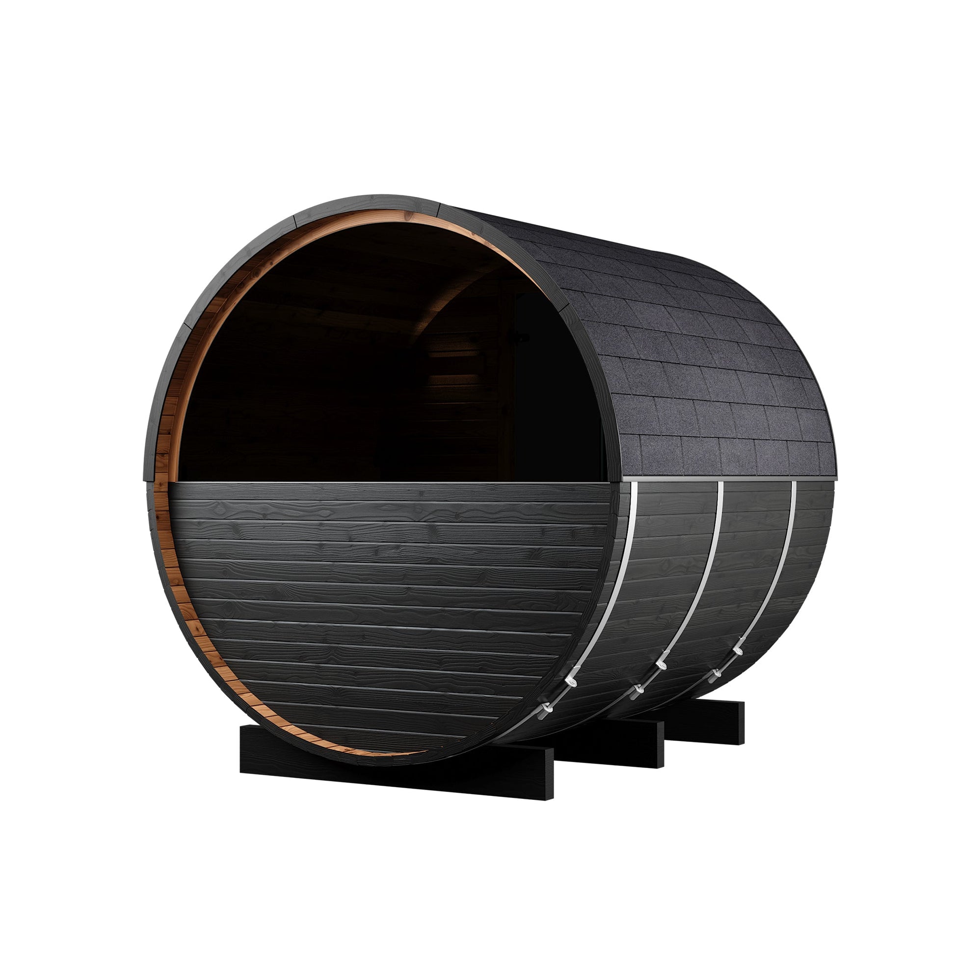 Thermo Wood Barrel Sauna with Window - Regular with Relaxation Terrace Black (2 - 4 Person) Barrel Sauna | Finnmark Sauna