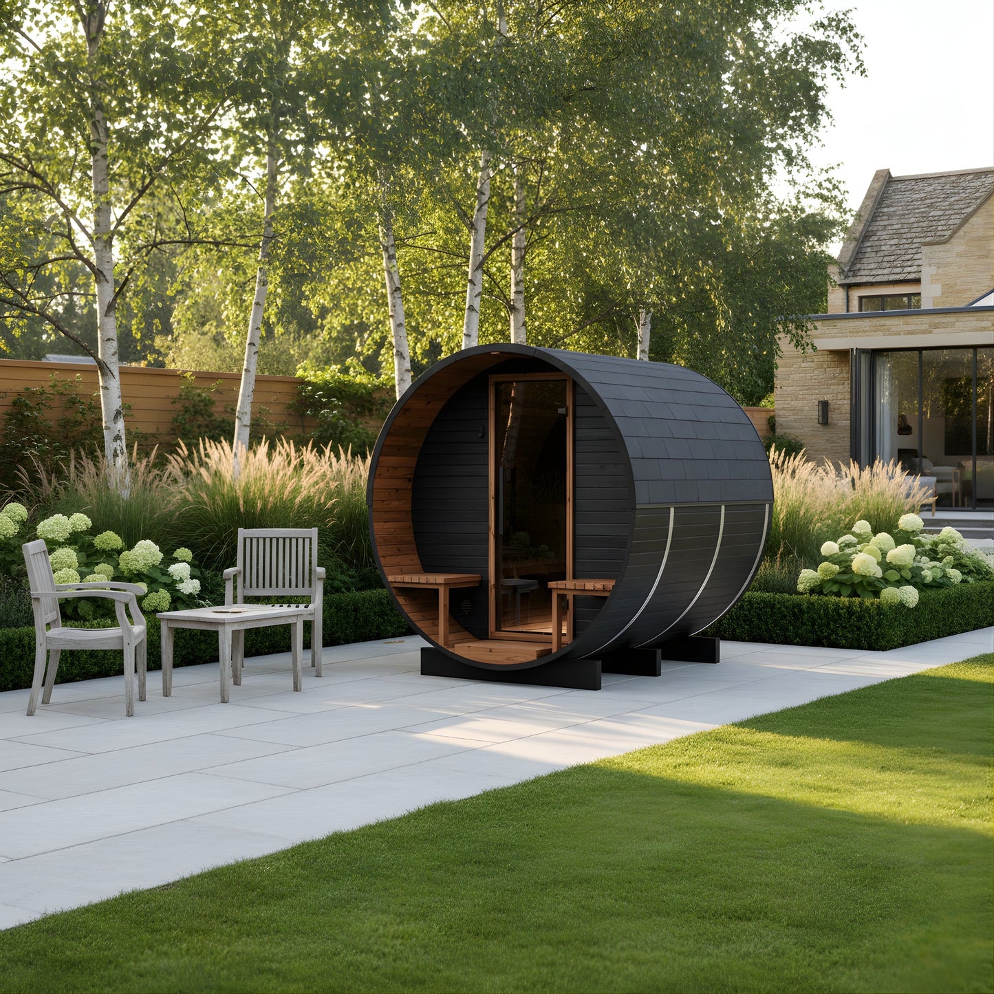 Thermo Wood Barrel Sauna with Window - Regular with Relaxation Terrace Black (2 - 4 Person) Barrel Sauna | Finnmark Sauna