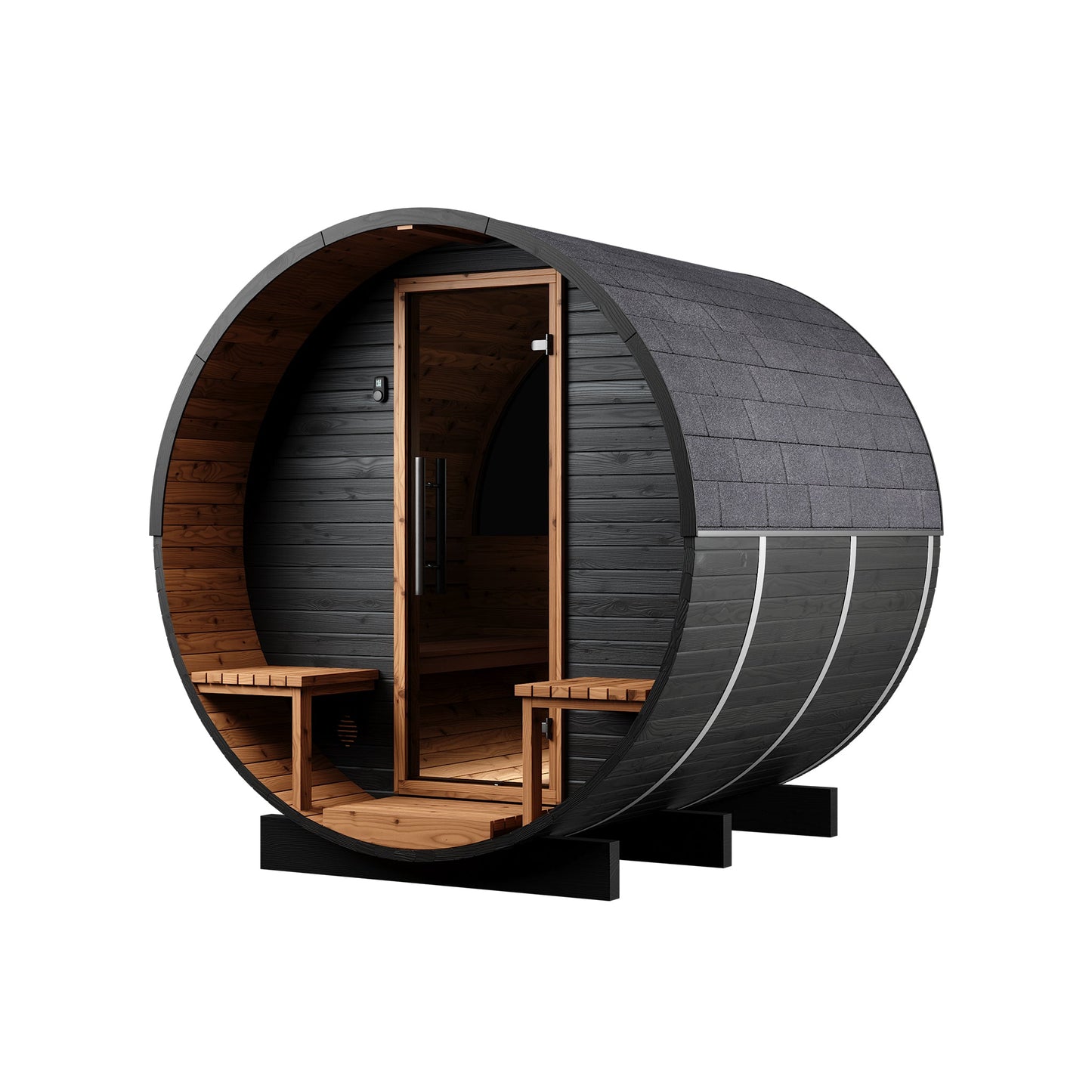 Thermo Wood Barrel Sauna with Window - Regular with Relaxation Terrace Black (2 - 4 Person) Barrel Sauna | Finnmark Sauna