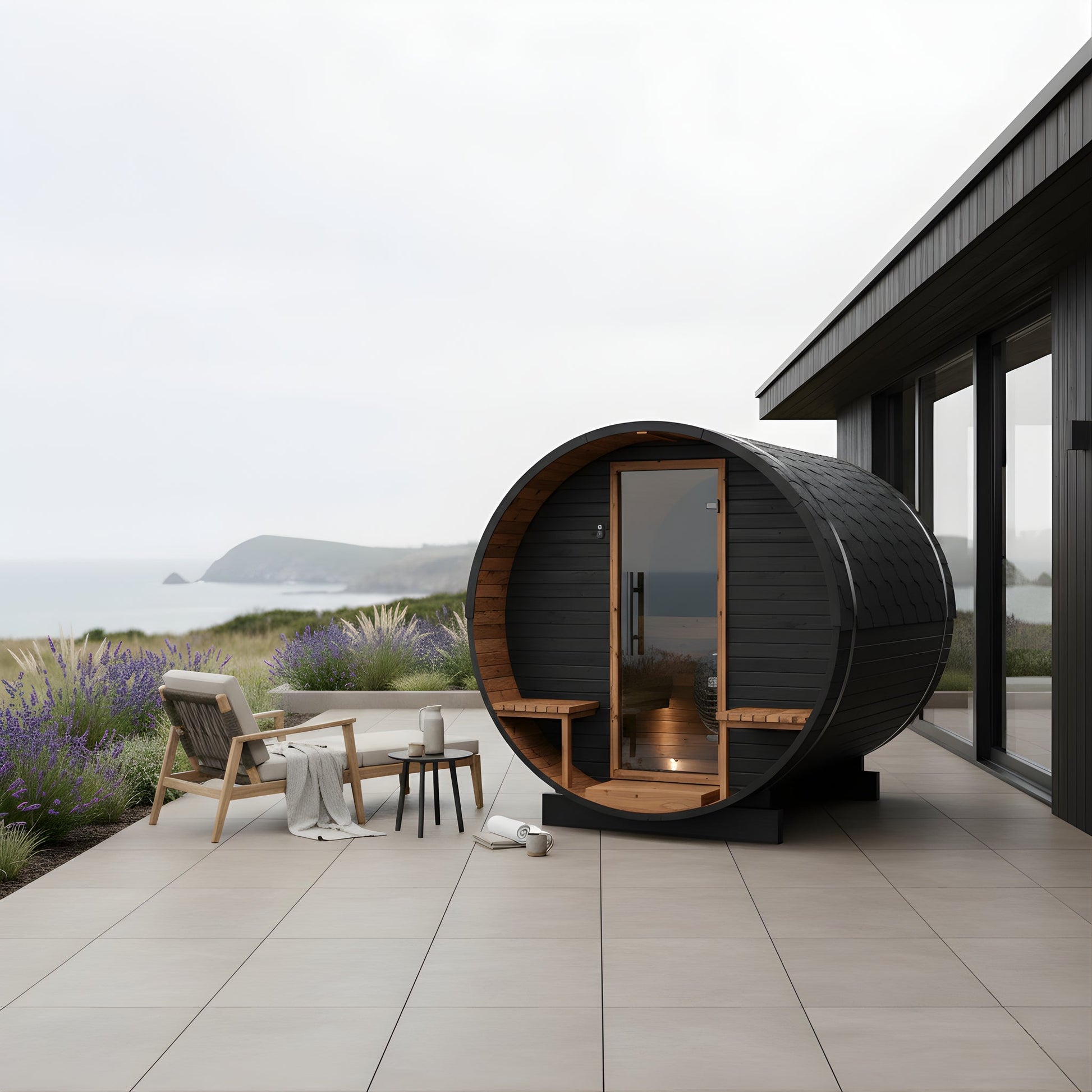 Thermo Wood Barrel Sauna with Window - Regular with Relaxation Terrace Black (2 - 4 Person) Barrel Sauna | Finnmark Sauna