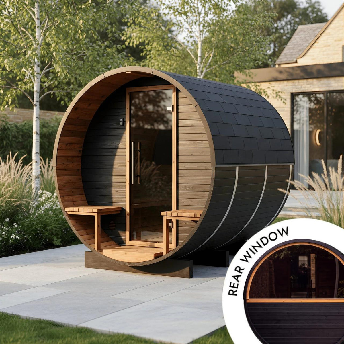 Wood Barrel Sauna with Window & Relaxation Terrace (2-4 Person) in Black