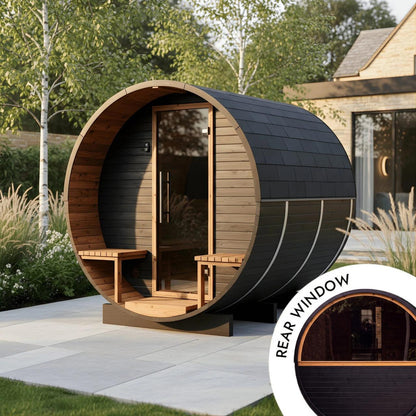 Wood Barrel Sauna with Window & Relaxation Terrace (2-4 Person) in Black