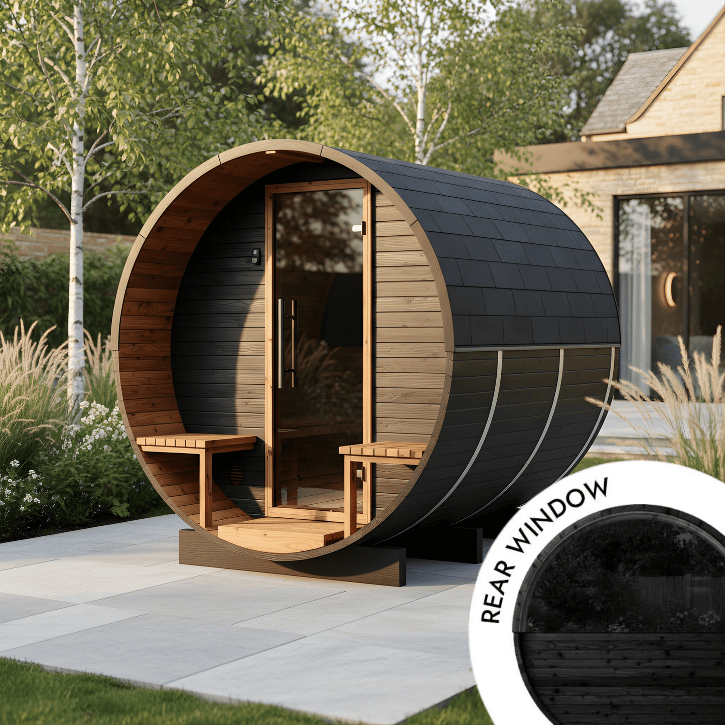 Thermo Wood Barrel Sauna with Window - Regular with Relaxation Terrace Black (2 - 4 Person) Barrel Sauna | Finnmark Sauna