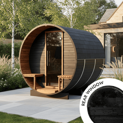 Thermo Wood Barrel Sauna with Window - Regular with Relaxation Terrace Black (2 - 4 Person) Barrel Sauna | Finnmark Sauna
