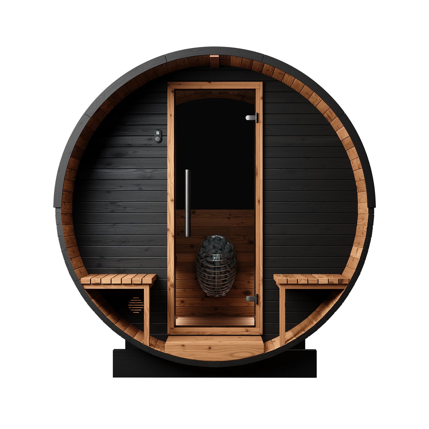 Thermo Wood Barrel Sauna with Window - Regular with Relaxation Terrace Black (2 - 4 Person) Barrel Sauna | Finnmark Sauna