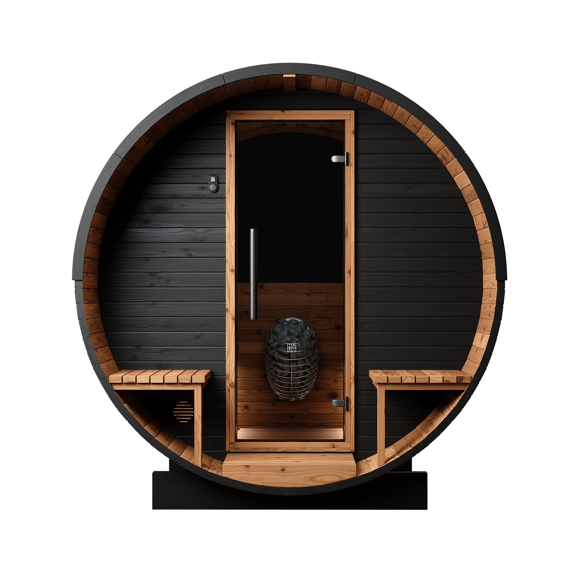 Thermo Wood Barrel Sauna with Window - Regular with Relaxation Terrace Black (2 - 4 Person) Barrel Sauna | Finnmark Sauna