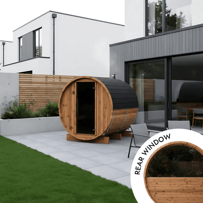 Thermo Wood Barrel Sauna with Window - Small (2 - 4 Person) Barrel Sauna | Finnmark Sauna