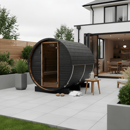 Thermo Wood Barrel Sauna with Window - Small Black (2 - 4 Person) Barrel Sauna | Finnmark Sauna
