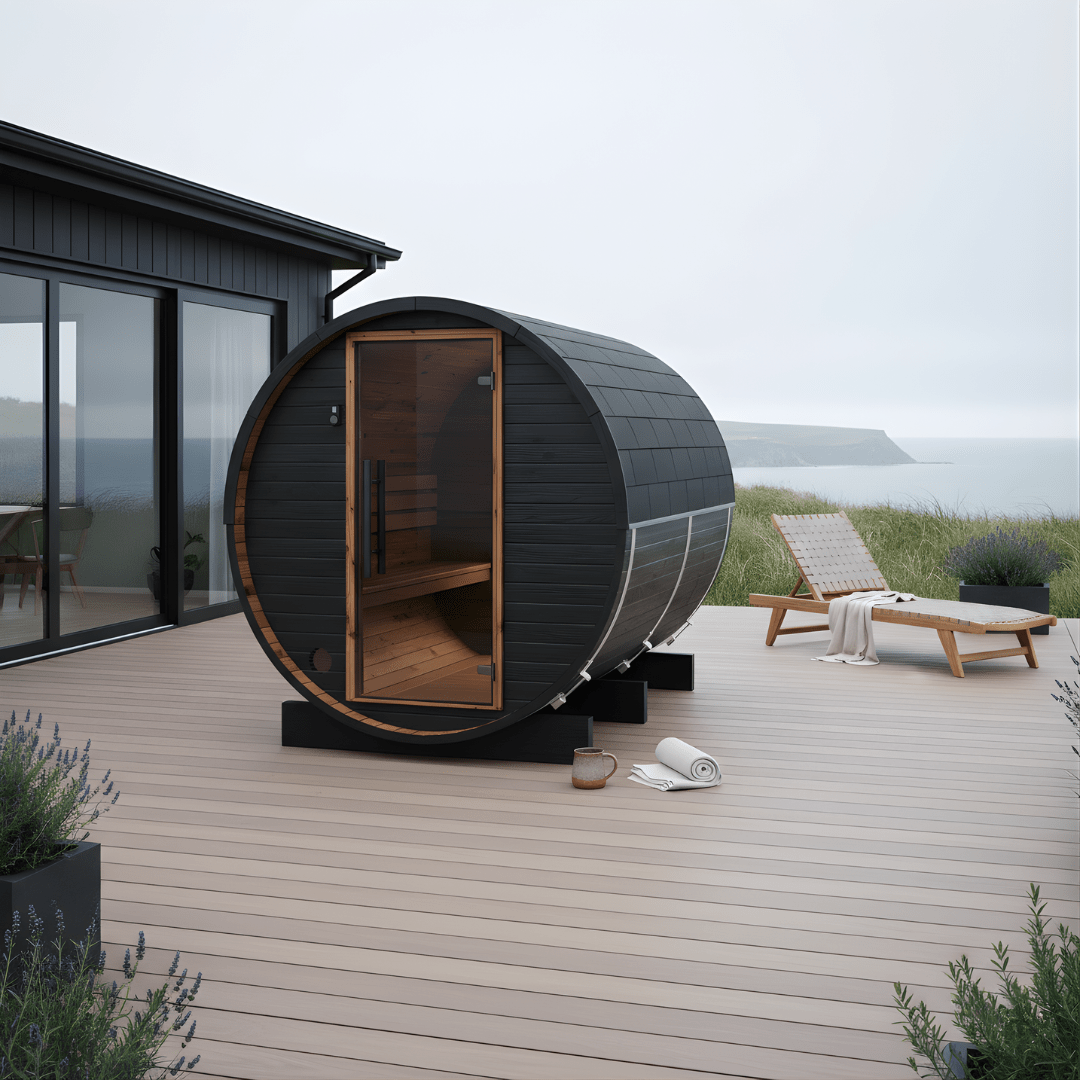 Thermo Wood Barrel Sauna with Window - Small Black (2 - 4 Person) Barrel Sauna | Finnmark Sauna