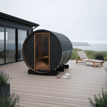 Thermo Wood Barrel Sauna with Window - Small Black (2 - 4 Person) Barrel Sauna | Finnmark Sauna