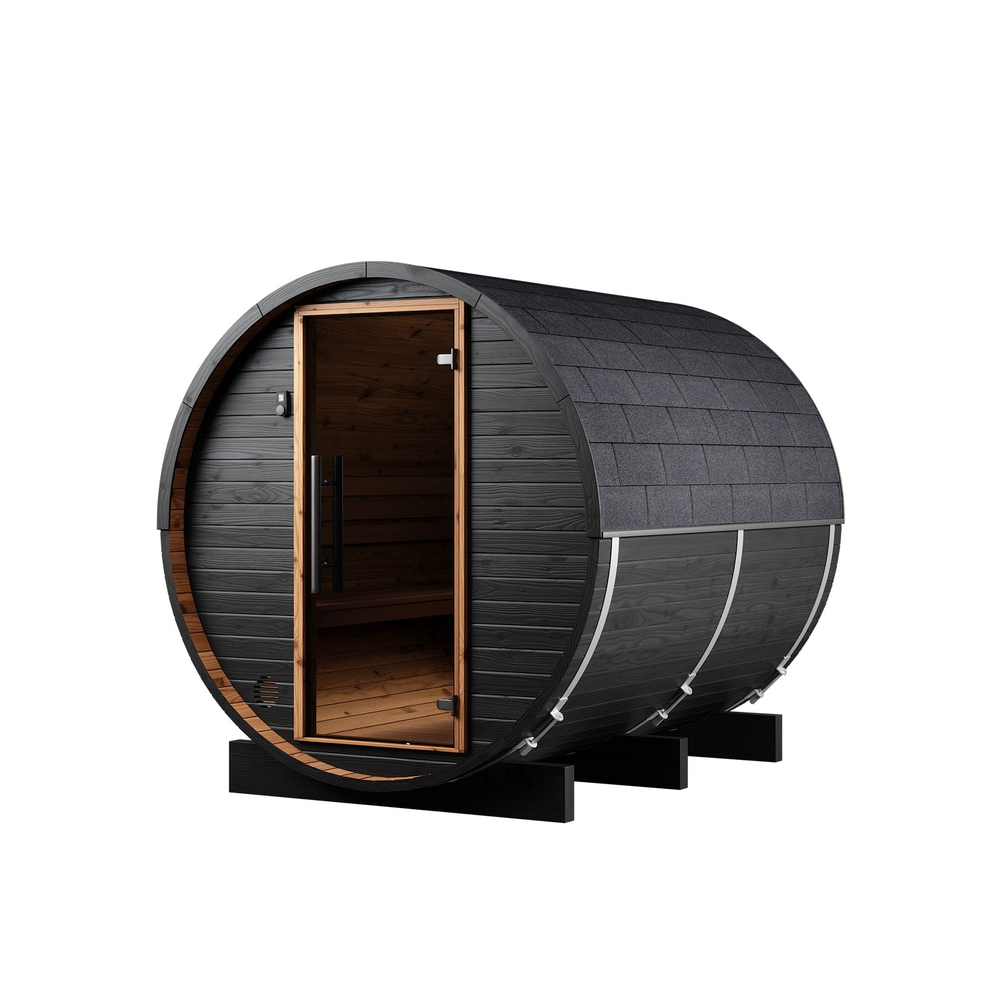 Thermo Wood Barrel Sauna with Window - Small Black (2 - 4 Person) Barrel Sauna | Finnmark Sauna