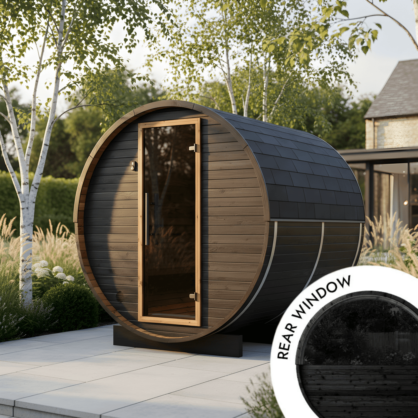 Thermo Wood Barrel Sauna with Window - Small Black (2 - 4 Person) Barrel Sauna | Finnmark Sauna