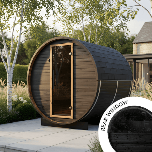 Thermo Wood Barrel Sauna with Window - Small Black (2 - 4 Person) Barrel Sauna | Finnmark Sauna