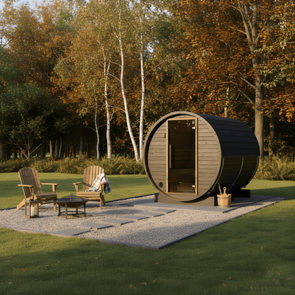 Thermo Wood Barrel Sauna with Window - Small Black (2 - 4 Person) Barrel Sauna | Finnmark Sauna