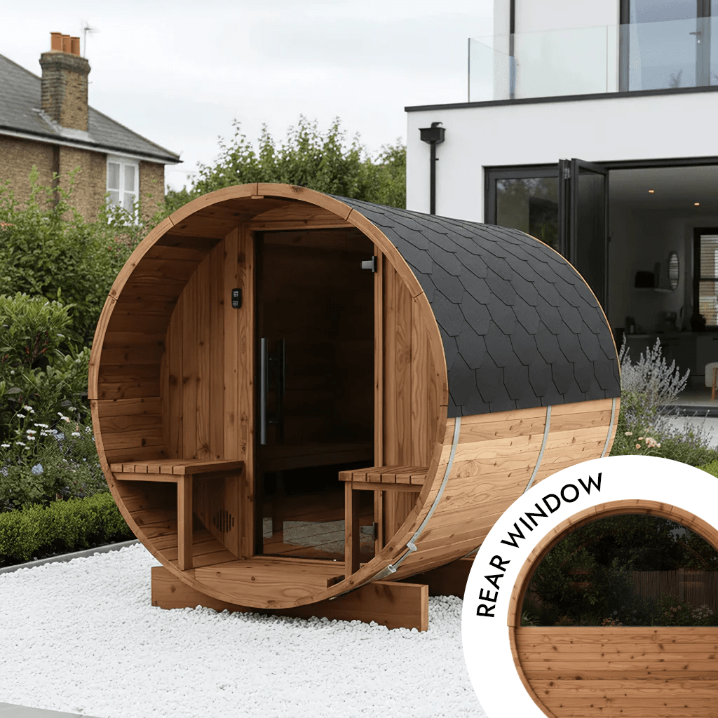 Thermo Wood Barrel Sauna with Window - Small with Relaxation Terrace (2 - 4 Person) Barrel Sauna | Finnmark Sauna