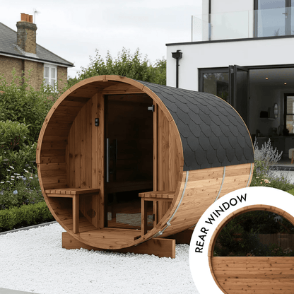 Thermo Wood Barrel Sauna with Window - Small with Relaxation Terrace (2 - 4 Person) Barrel Sauna | Finnmark Sauna