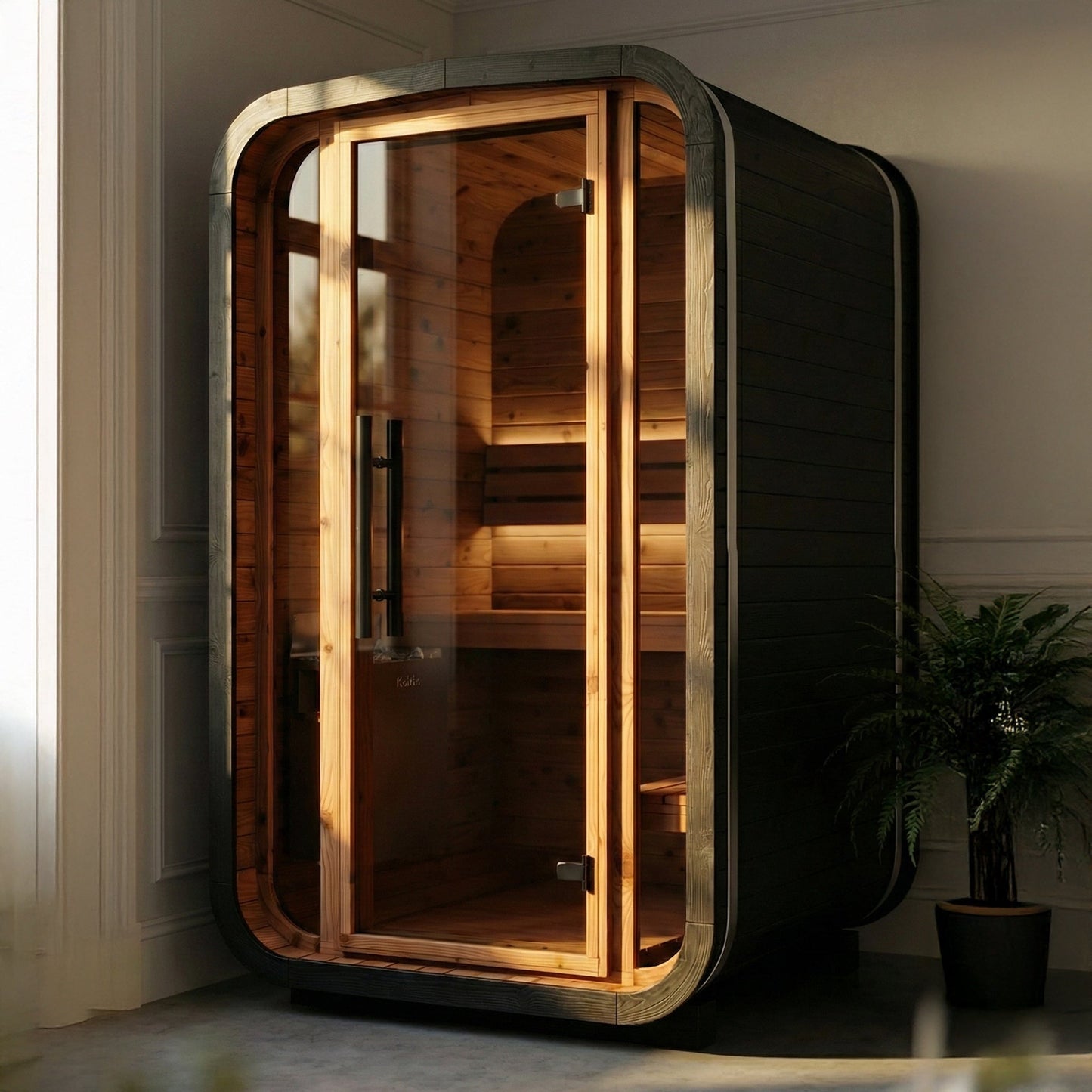 Thermo Wood Cube Indoor Sauna Black - Mini (2 Person) Barrel Sauna | Finnmark Sauna