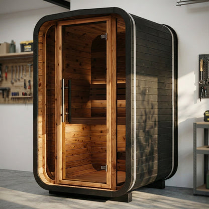 Thermo Wood Cube Indoor Sauna Black - Mini (2 Person) Barrel Sauna | Finnmark Sauna