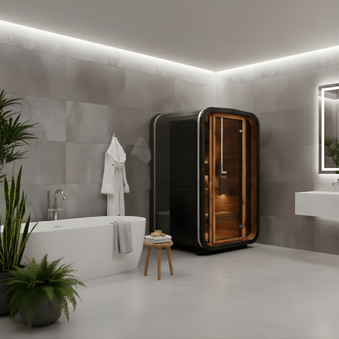 Thermo Wood Cube Indoor Sauna Black - Mini (2 Person) Barrel Sauna | Finnmark Sauna