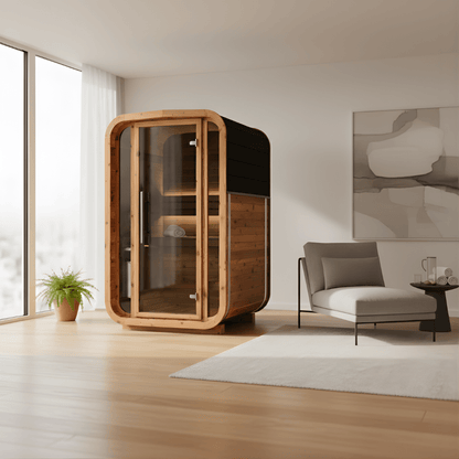 Thermo Wood Cube Indoor Sauna - Mini (2 Person) Barrel Sauna | Finnmark Sauna