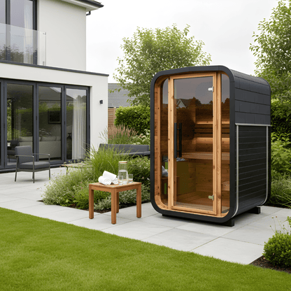Thermo Wood Cube Outdoor Sauna Black - Mini (2 Person) Barrel Sauna | Finnmark Sauna