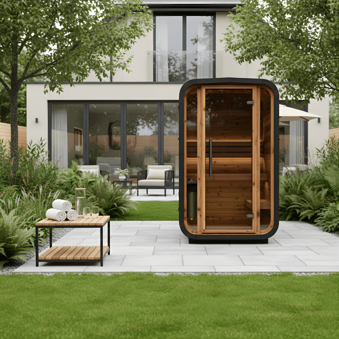 Thermo Wood Cube Outdoor Sauna Black - Mini (2 Person) Barrel Sauna | Finnmark Sauna