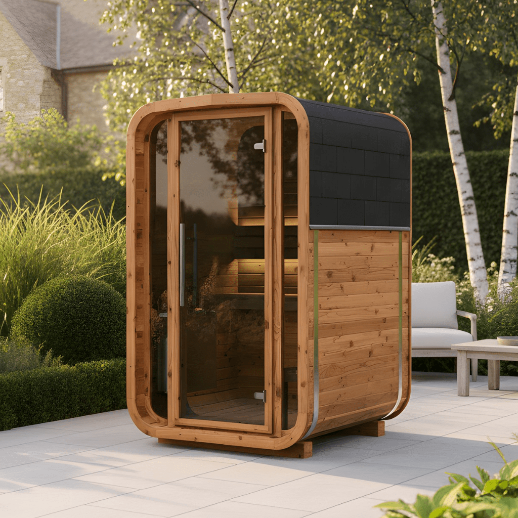 Thermo Wood Cube Outdoor Sauna - Mini (2 Person) Barrel Sauna | Finnmark Sauna