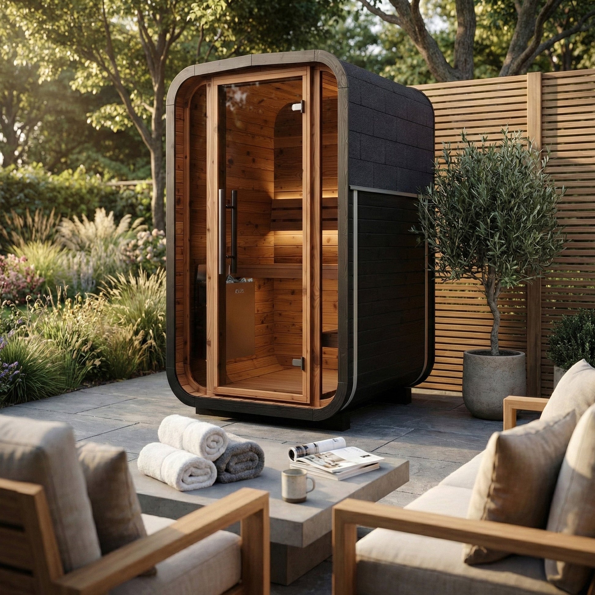 Thermo Wood Cube Sauna Black - Mini (2 Person) Barrel Sauna | Finnmark Sauna