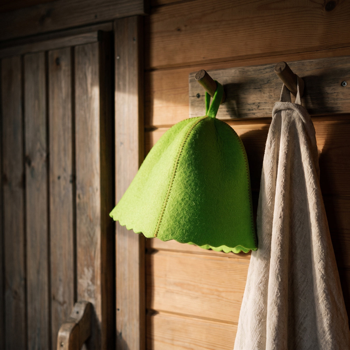 Traditional Green Sauna Hat (100% Wool) - hanging on a sauna peg