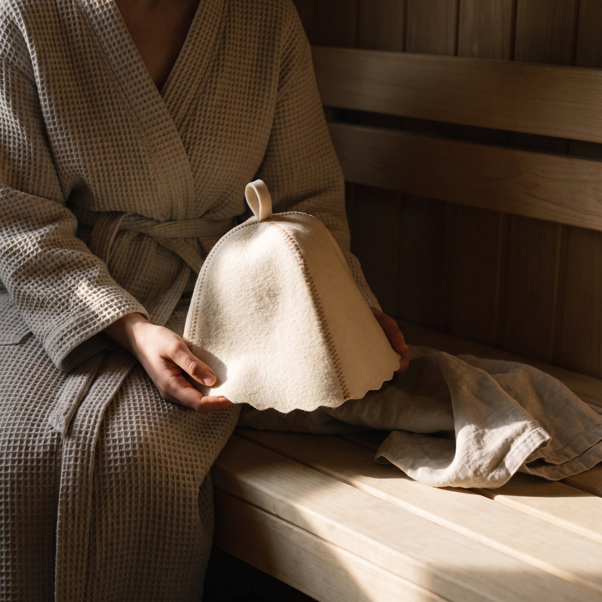 Traditional White Cream Sauna Hat (Wool Polyester) - held in hands