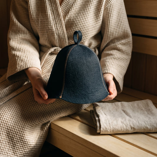 Sauna Hat Black (Polyester Felt) - held in hands