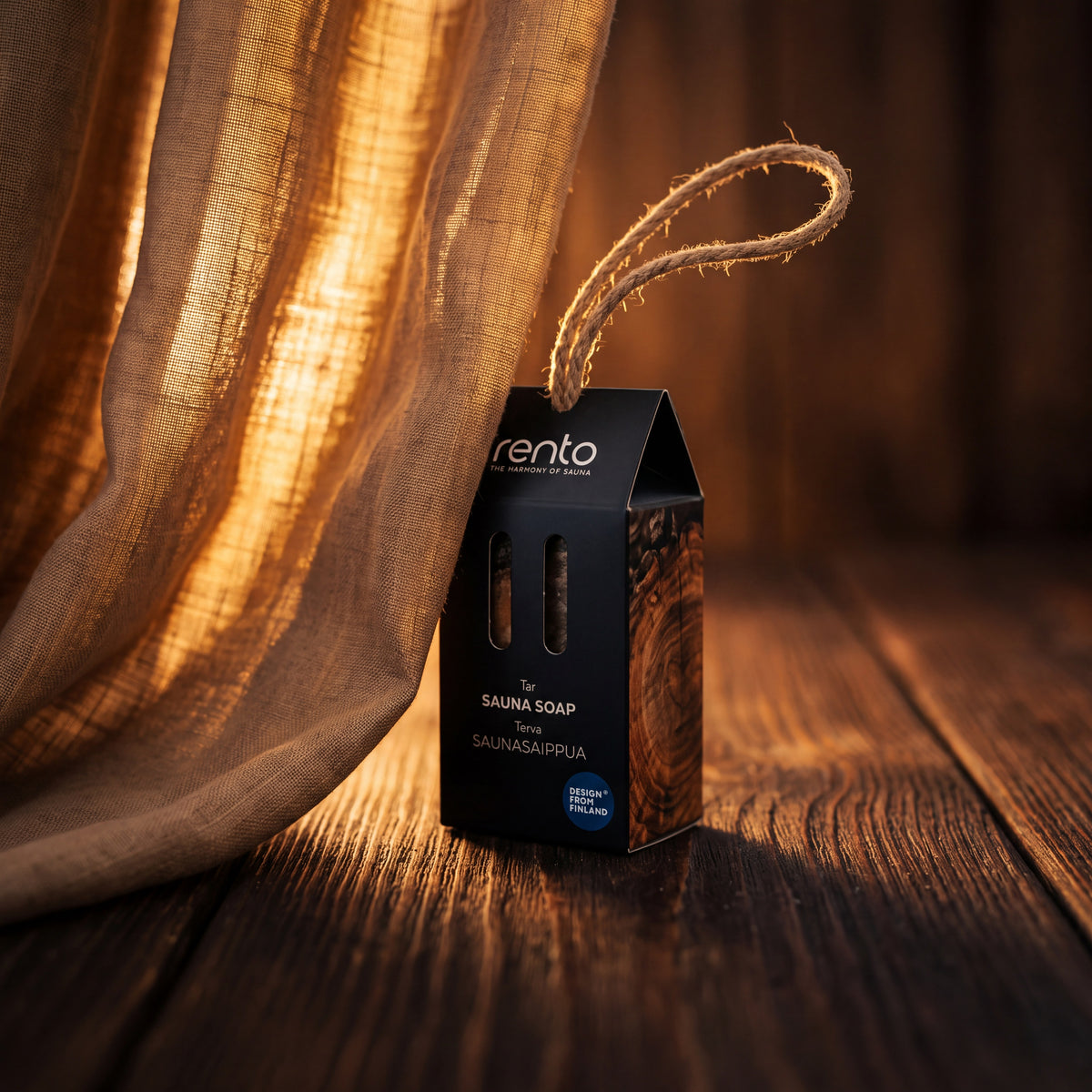 Traditional Finnish Sauna Soap Tar 150g - lifestyle by linen curtain