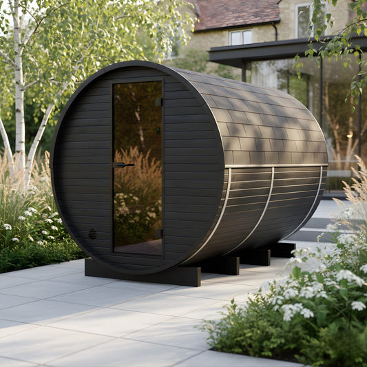 Wood Barrel Sauna with Changing Room (2-4 Person) in Black