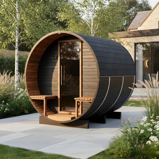 Wood Barrel Sauna with Relaxation Terrace (2-4 Person) in Black
