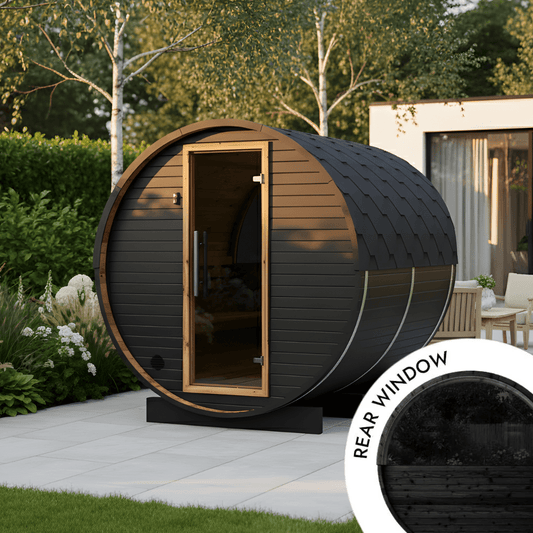 Wood Barrel Sauna with Window (4-6 Person) in Regular Black