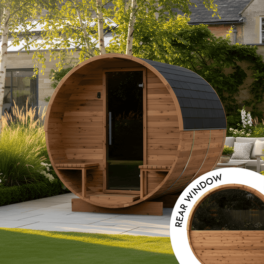 Wood Barrel Sauna with Window & Relaxation Terrace (2-4 Person)