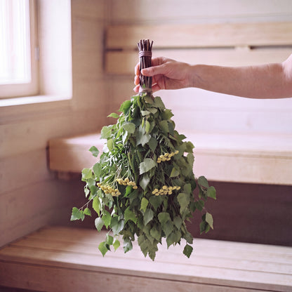 Sauna Whisk Birch & Tansy - held in the sauna