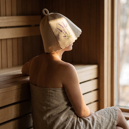 White Felt Sauna Hat with Lavender Embroidery - worn