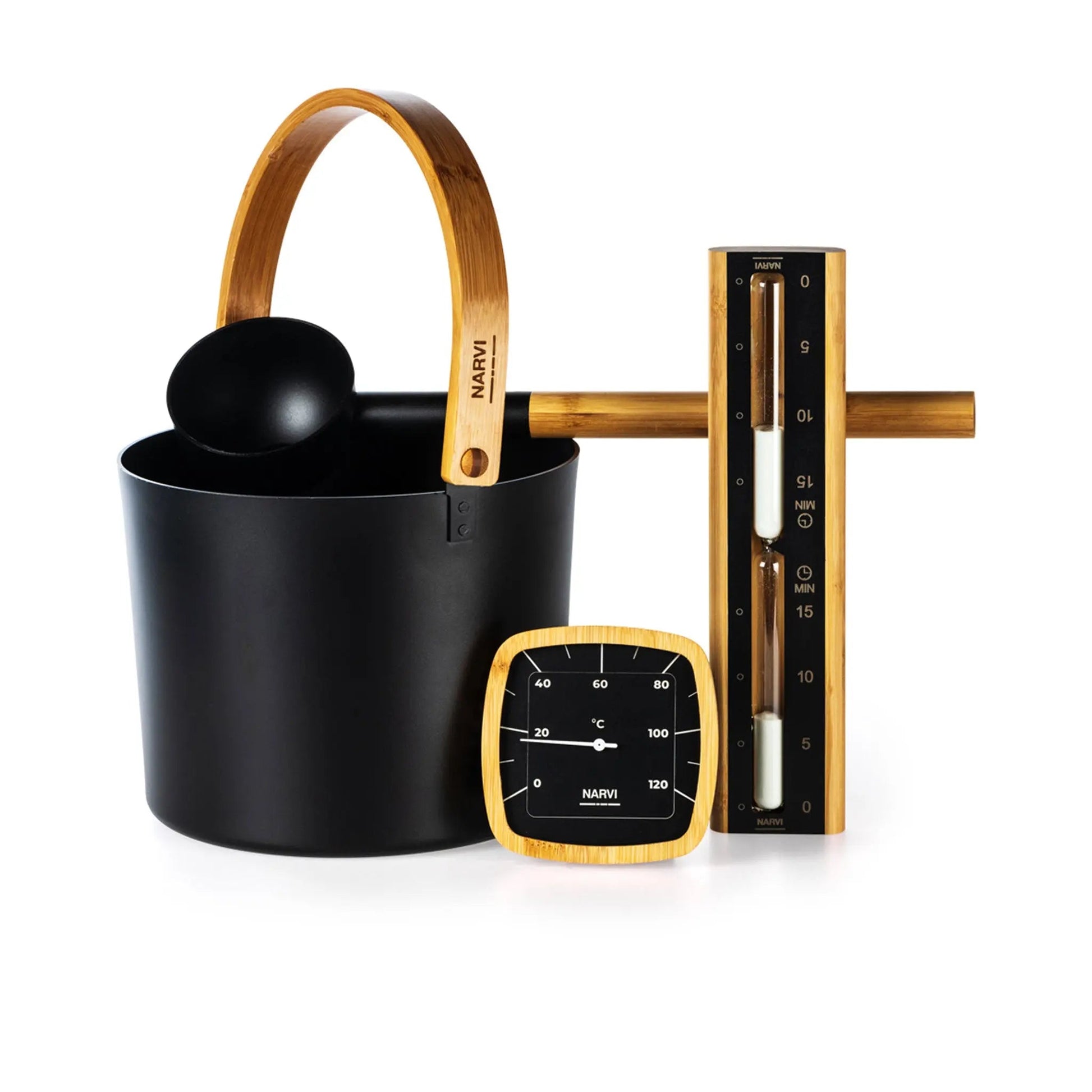 Narvi 6.5 Litre Black Aluminium Sauna Bucket with a Bamboo Handle Sauna Bucket/Pail | Finnmark Sauna