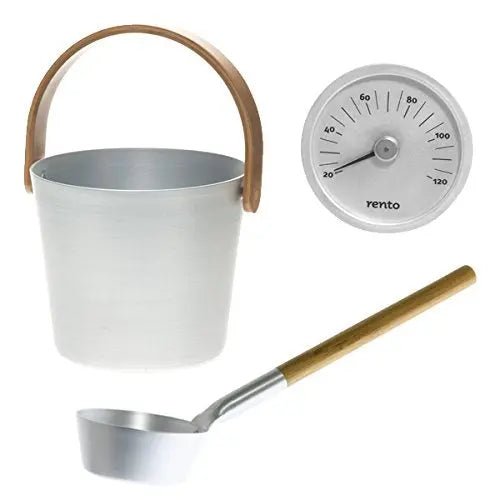 Natural Anodised Aluminium Sauna Set - Sauna Ladle, Bucket & Thermometer Sauna Accessories Set | Finnmark Sauna
