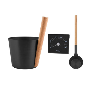 Rento Black Anodised Aluminium Sauna Set - Sauna Ladle, Bucket & Thermometer Sauna Accessories Set | Finnmark Sauna