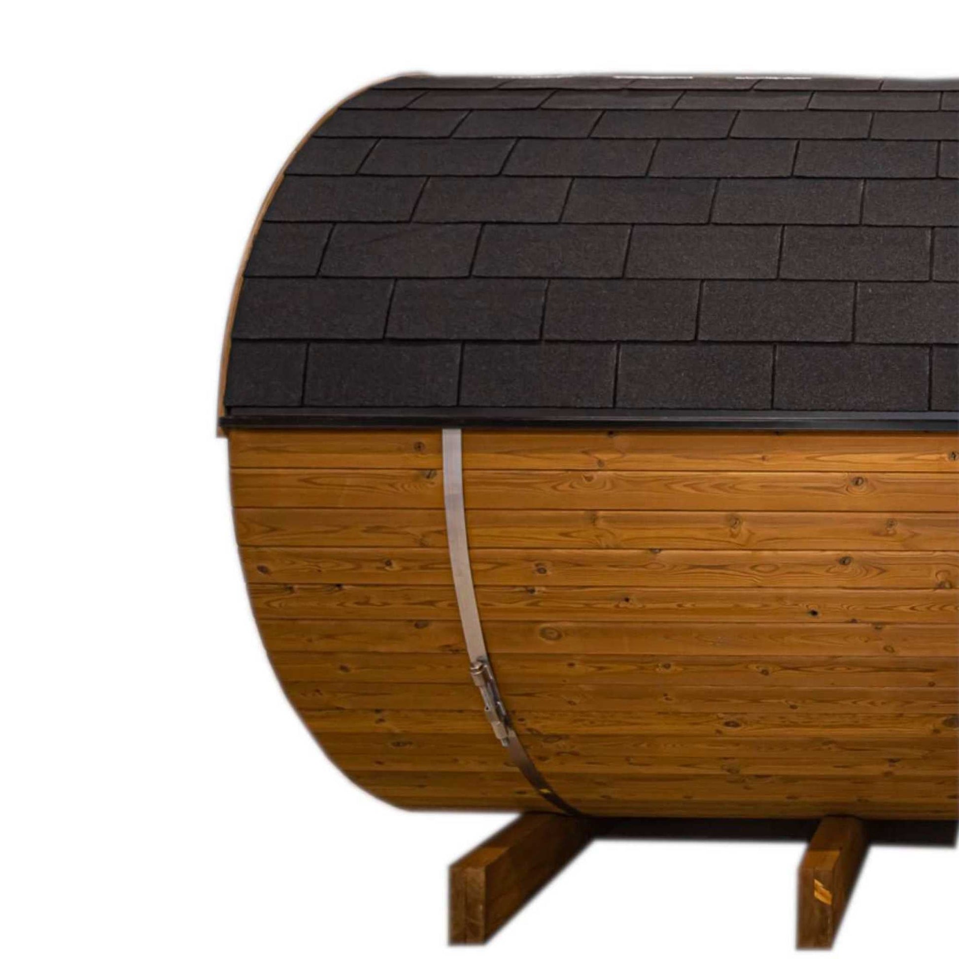 Thermo Wood Barrel Sauna - Regular with Relaxation Terrace (L: 223 & ø: 225 cm) Barrel Sauna | Finnmark Sauna