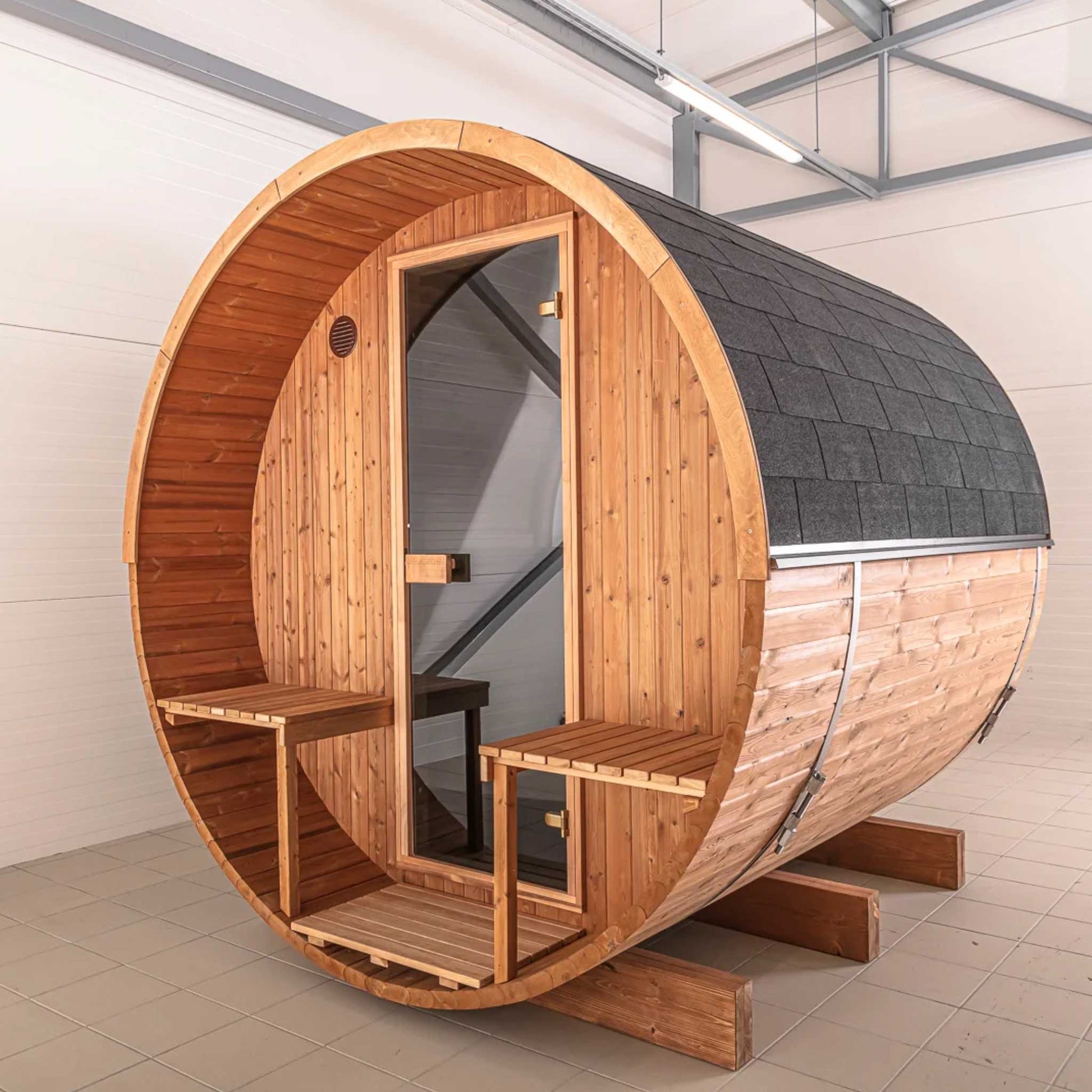 Thermo Wood Barrel Sauna - Regular with Relaxation Terrace (L: 223 & ø: 225 cm) Barrel Sauna | Finnmark Sauna